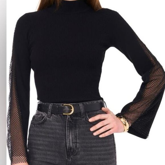 NWT Vince Camuto Black Sparkly Beaded Bell Sleeve Ribbed Sweater  L - Picture 1 of 12